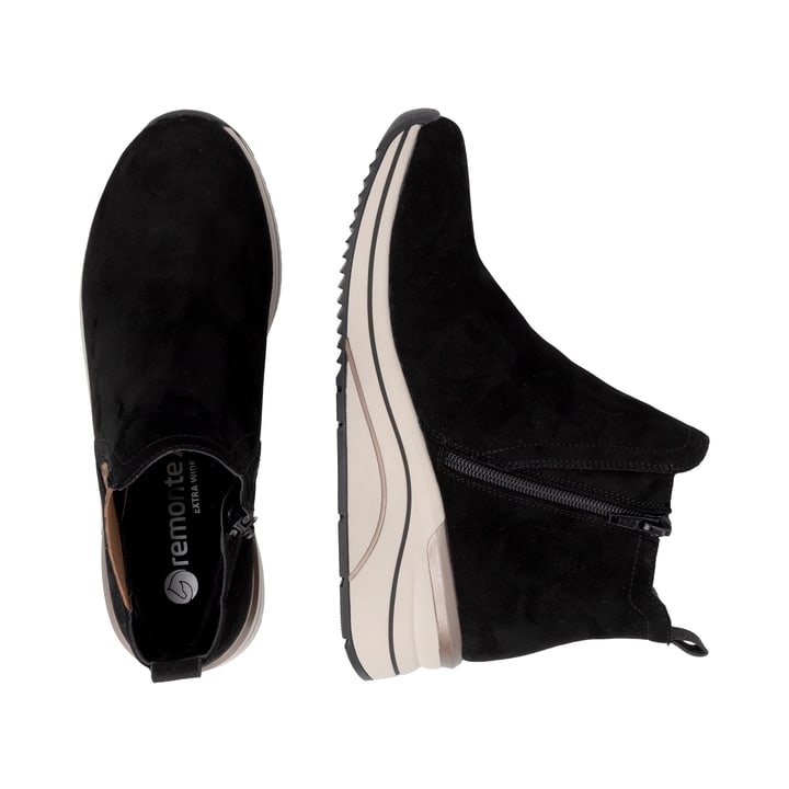 Chelsea Boots remonte noires D0T75-05 avec fermeture éclair. Chaussure vue de dessus, couchée.