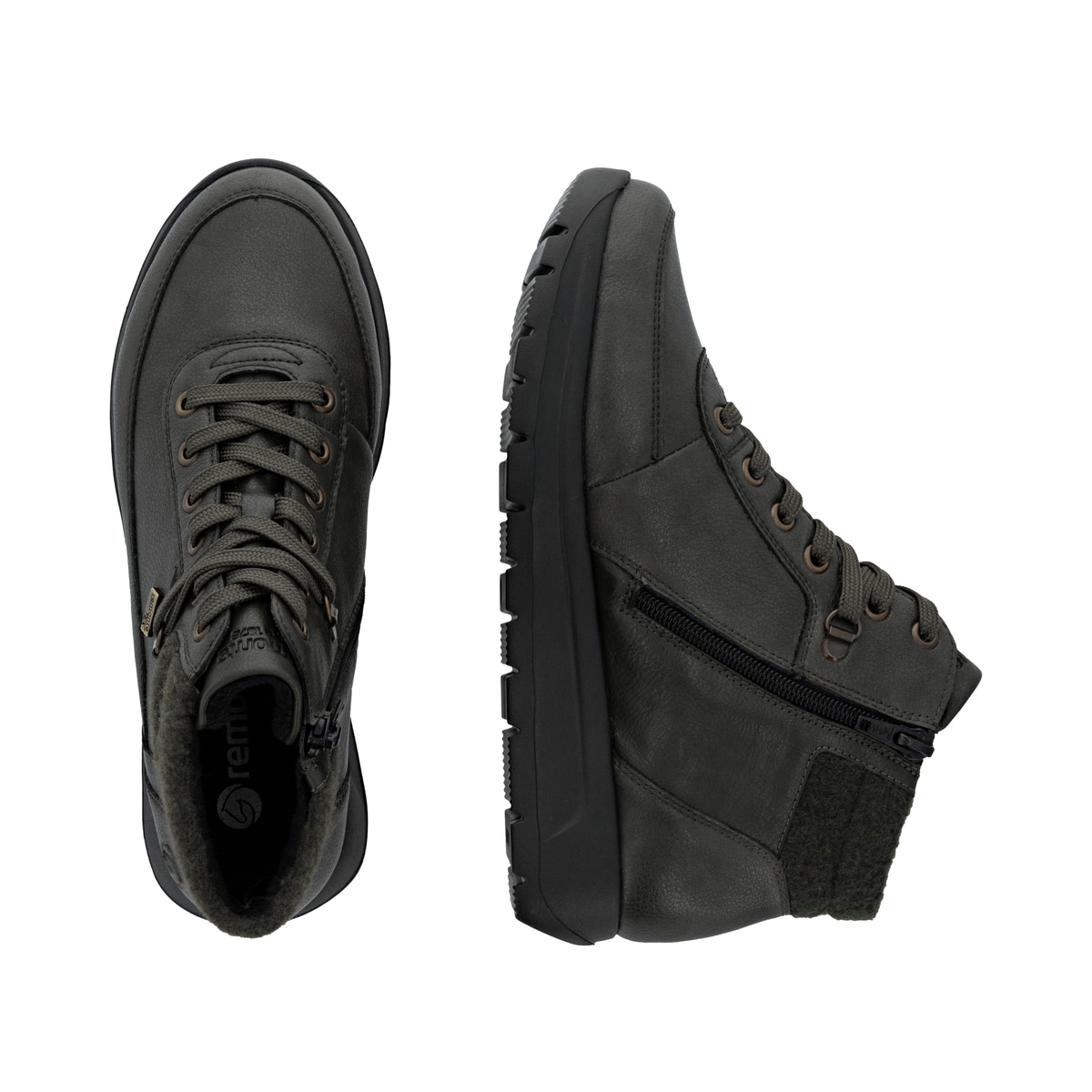 Grüne remonte Damen Kurzstiefel D2V71-52 mit wasserabweisender TEX-Membran. Schuh von oben, liegend.