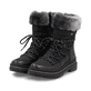 Tiefschwarze remonte Damen Kurzstiefel D0C81-03 mit griffiger Glass-Fibre Sohle. Schuhpaar seitlich schräg.