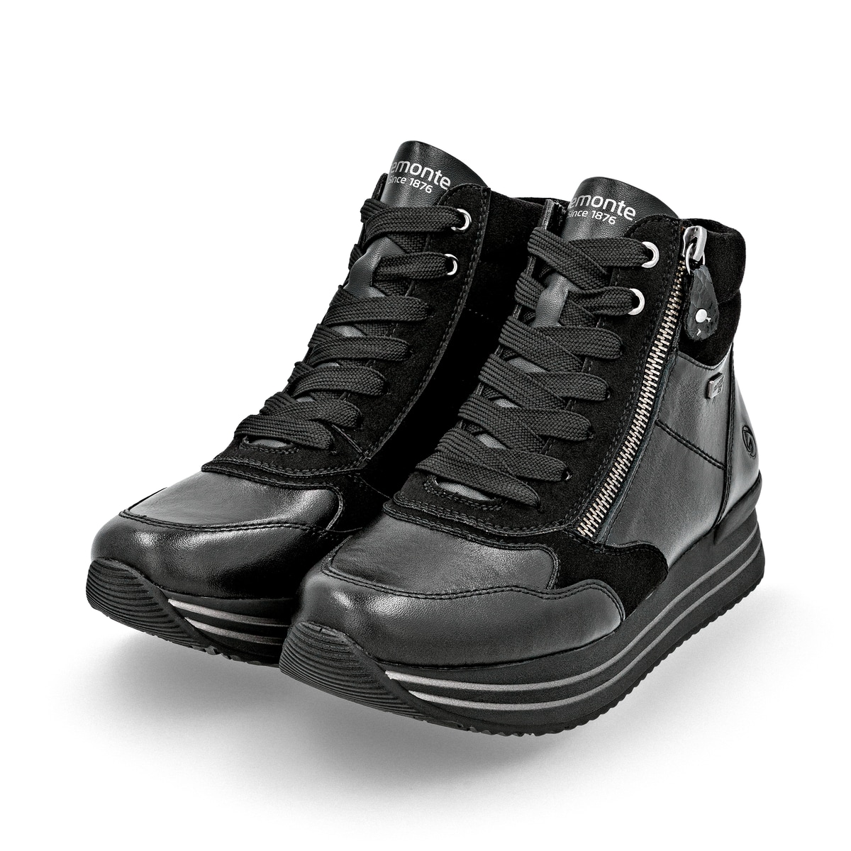 Schwarze remonte Damen Schnürstiefel D1371-00 mit wasserabweisender TEX-Membran. Schuhpaar seitlich schräg.