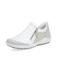 Silberweiße remonte Damen Slipper R1428-80 mit einem Reißverschluss. Schuh seitlich schräg.