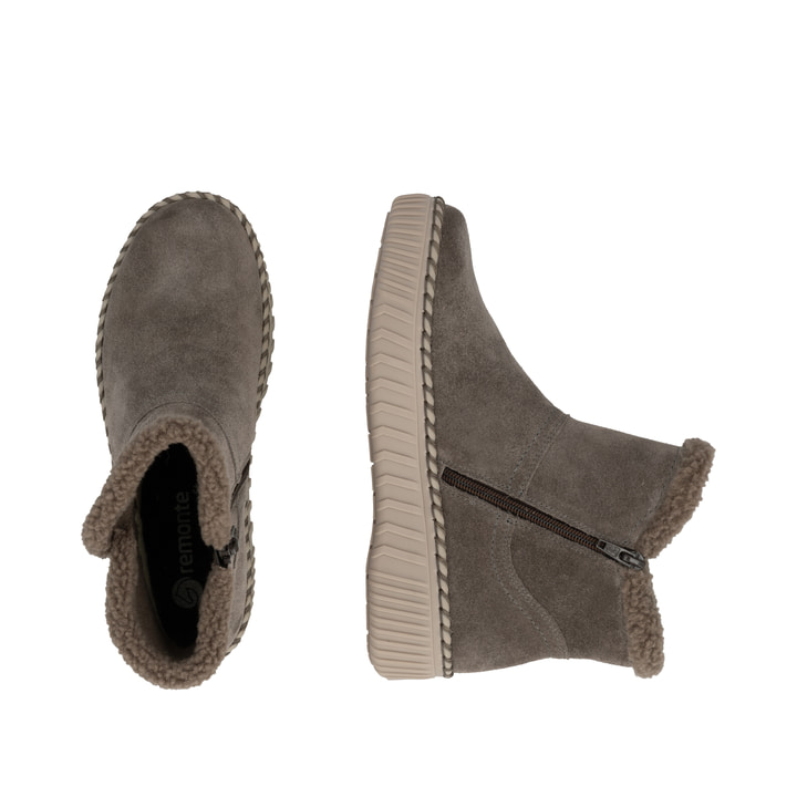 Graue remonte Damen Kurzstiefel D4A73-45 mit wasserabweisender TEX-Membran. Schuh von oben, liegend.
