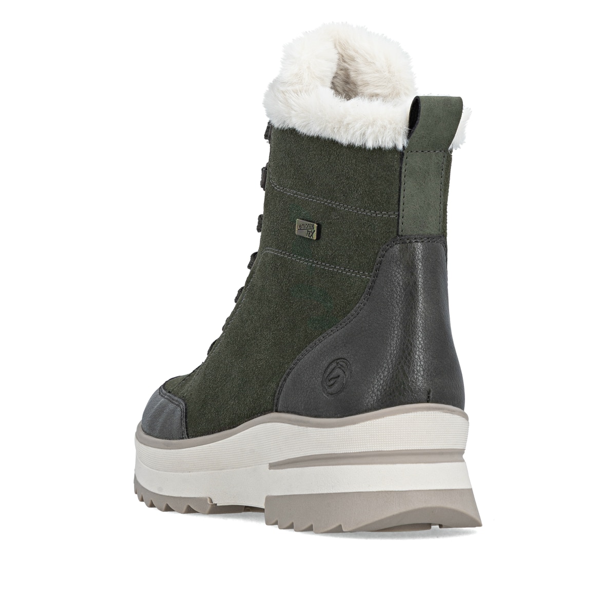 Grünbeige remonte Damen Schnürstiefel D2B76-54 mit griffiger Glass-Fibre Sohle. Schuh von hinten.