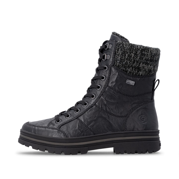 Schwarze remonte Damen Schnürstiefel D2U70-03 mit wasserabweisender TEX-Membran. Schuh Außenseite.