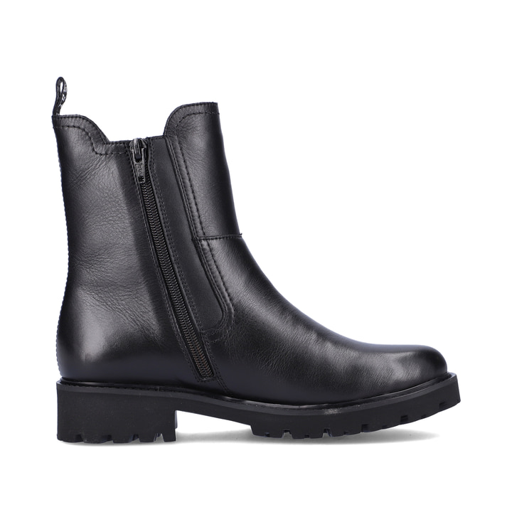 Chelsea Boots remonte noires pour femme D8694-00 avec fermeture éclair. Chaussure vue de l'arrière.