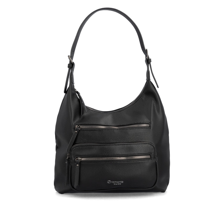 Sac bandoulière remonte Q0725-00 en noir avec un compartiment principal spacieux, fermeture éclair et deux poches extérieures. Face avant.