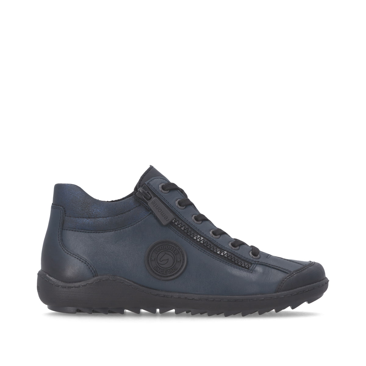 Dunkelblaue remonte Damen Schnürstiefel R1477-15 mit einem Reißverschluss. Schuh Außenseite gespiegelt.