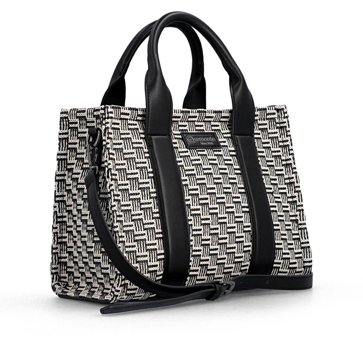 Sac à main remonte Q0767-02 noir avec motif tressé et bretelles amovibles ajustables. Côté gauche.