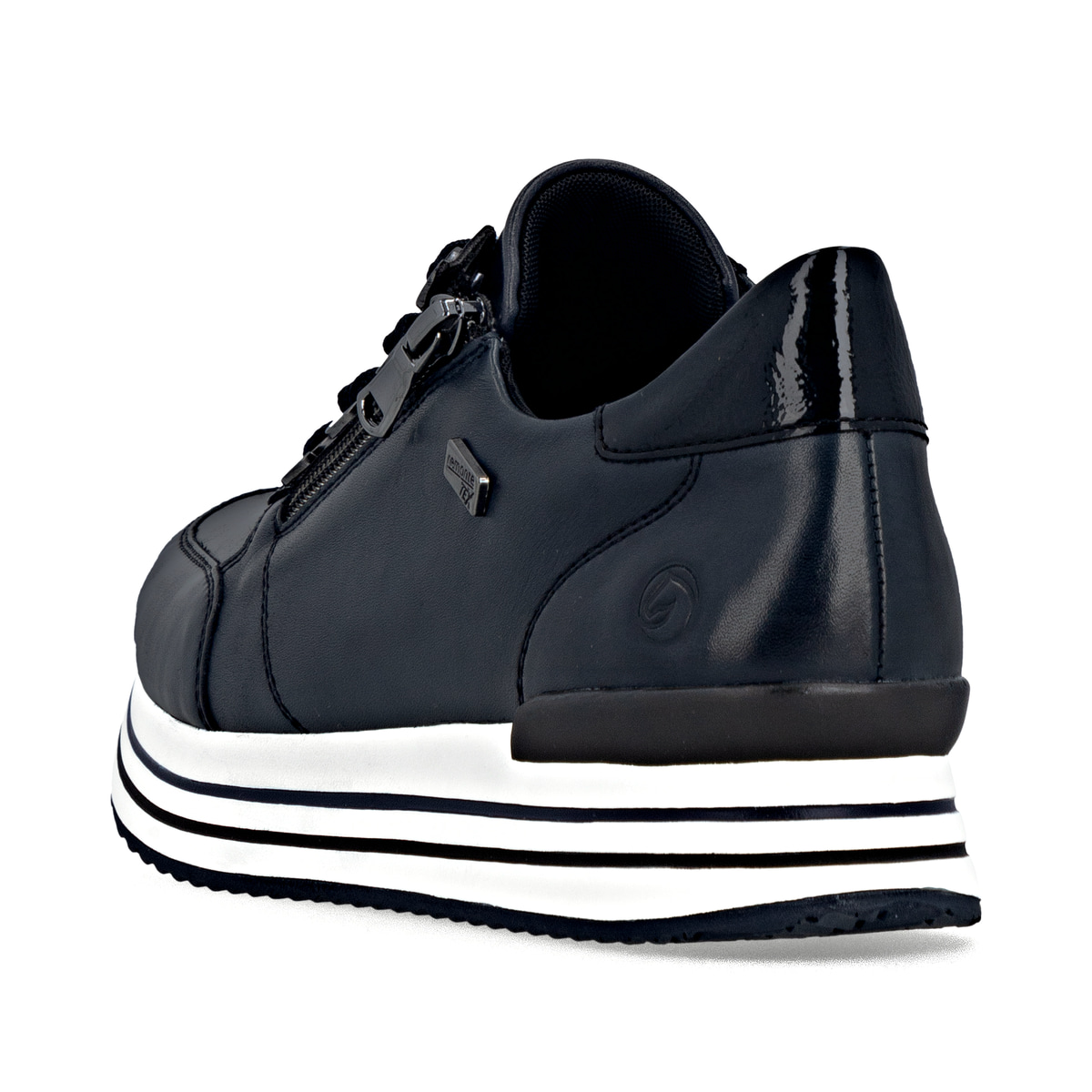 Blaue remonte Damen Sneaker D1302-14 mit wasserabweisender remonteTEX-Membran. Schuh von hinten.