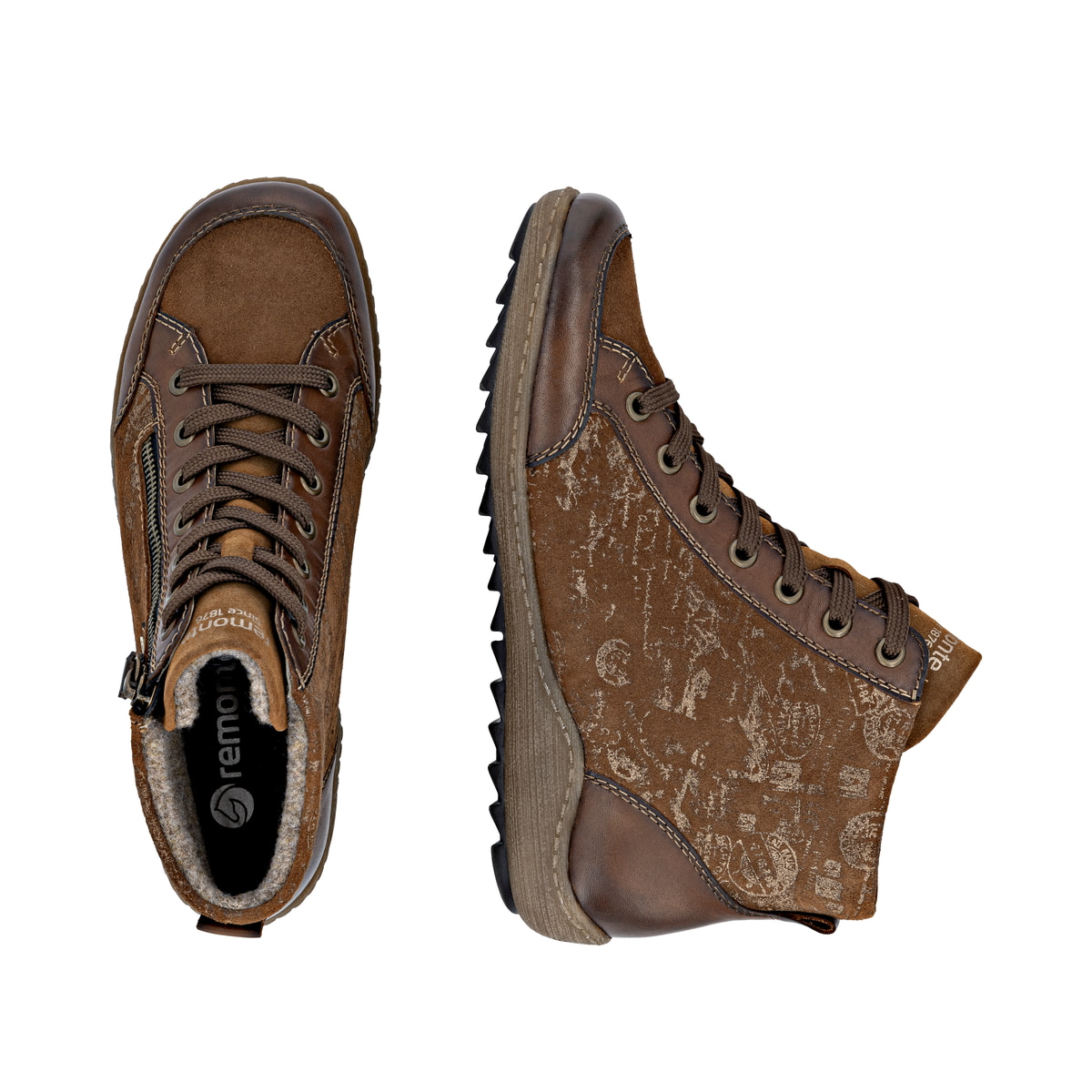 Braune remonte Damen Kurzstiefel R1441-24 mit wasserabweisender TEX-Membran. Schuh von oben, liegend.