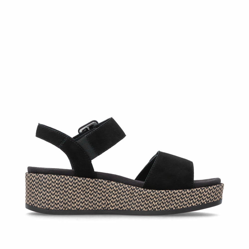 Schwarze remonte Keilsandaletten D1N54-01 mit einem Klettverschluss. Schuh Innenseite.