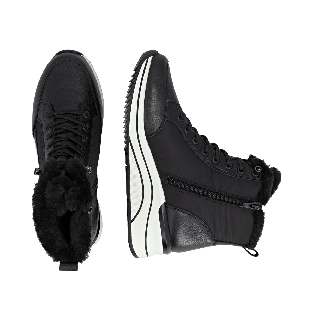 Schwarze remonte Damen Schnürstiefel D0T80-00 mit wasserabweisender TEX-Membran. Schuh von oben, liegend.