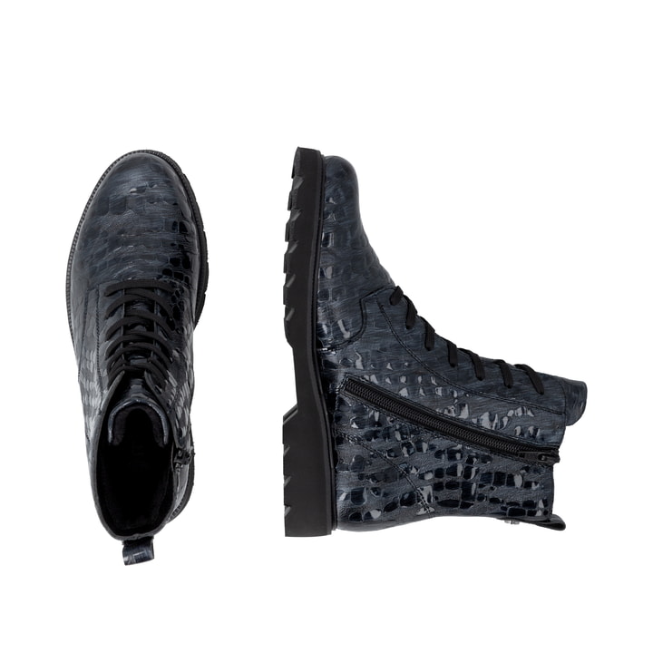 Dunkelblaue remonte Damen Schnürstiefel D3S72-14 mit einem Reißverschluss. Schuh von oben, liegend.