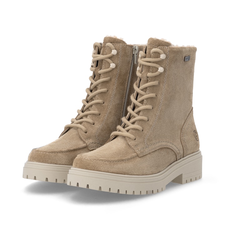 Camelfarbene remonte Damen Schnürstiefel D4B70-20. Schuhpaar seitlich schräg.