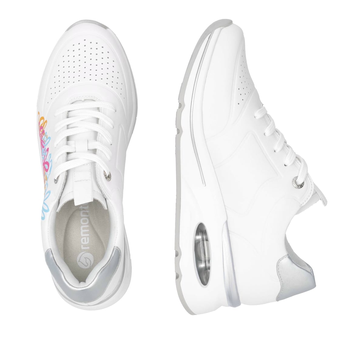 Weiße remonte Damen Sneaker Low D2H02-80 mit einer Schnürung sowie Extraweite H. Schuh von oben, liegend.