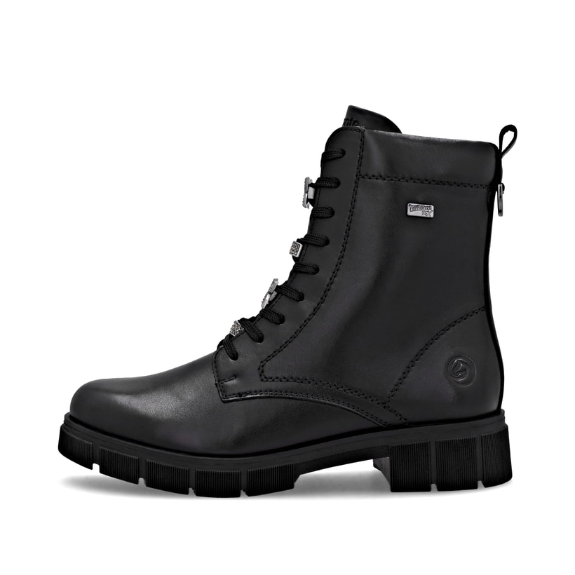 Schwarze remonte Damen Schnürstiefel D2S73-00 mit wasserabweisender TEX-Membran. Schuh Außenseite.