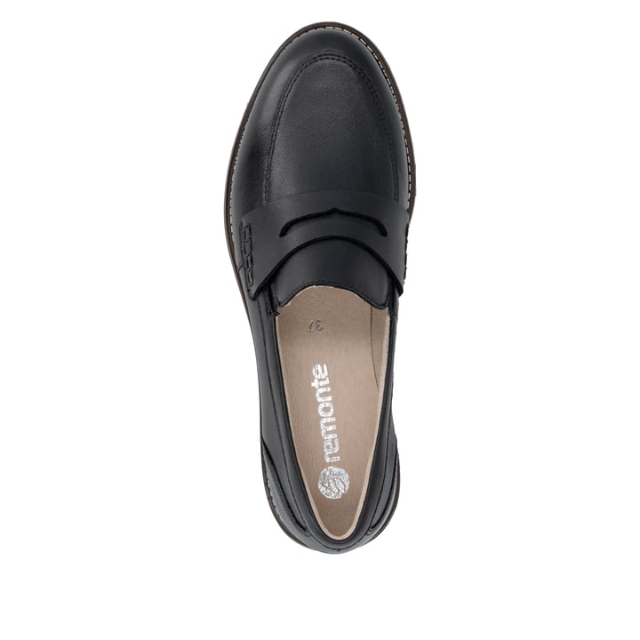 Schwarze remonte Damen Loafer D0F05-00 mit einem Gummizug. Schuh von oben.