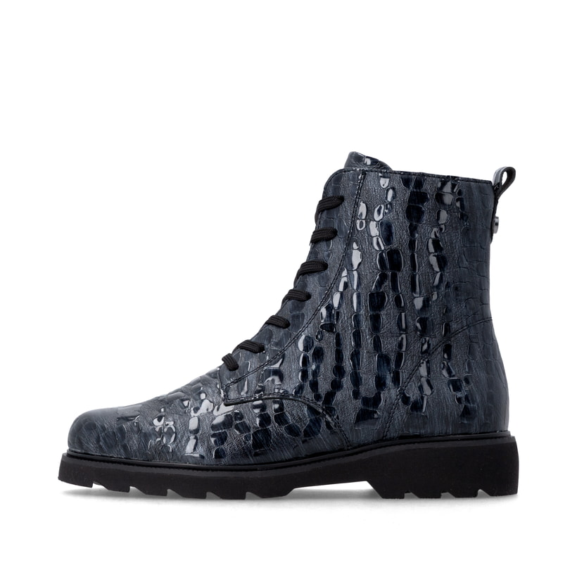 Dunkelblaue remonte Damen Schnürstiefel D3S72-14 mit einem Reißverschluss. Schuh Außenseite.