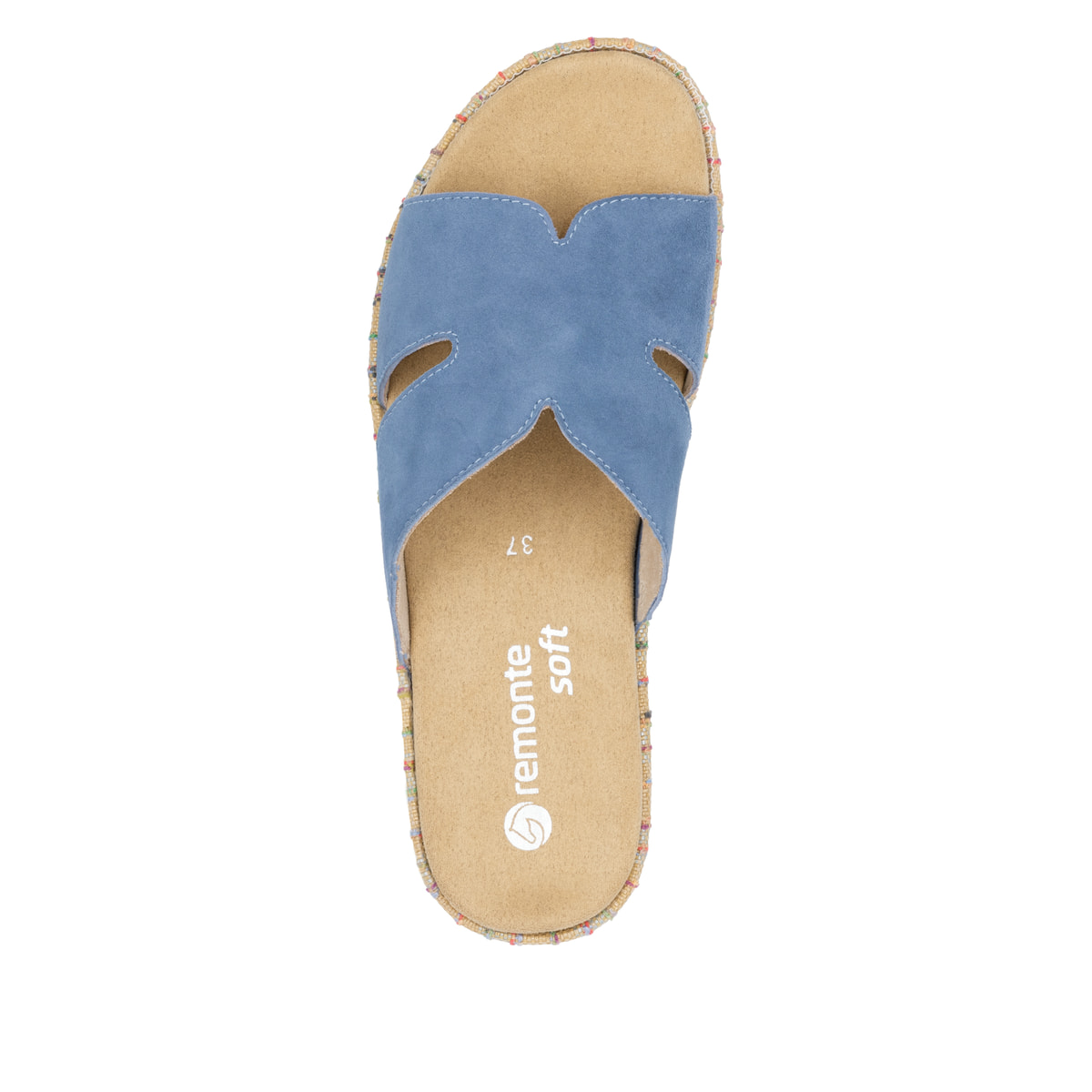 Blaue remonte Damen Pantoletten D1N55-14 mit Gummizug sowie weicher Einlegesohle. Schuh von oben.