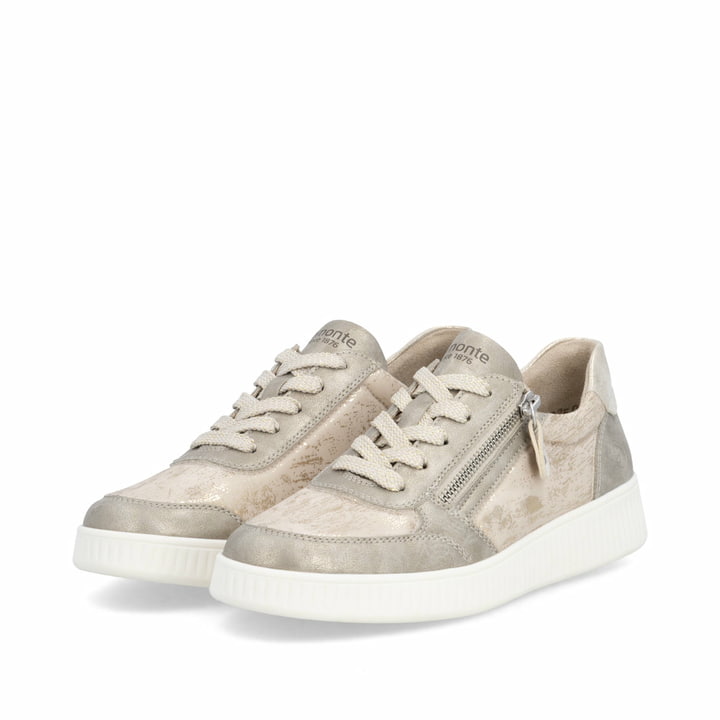 Goldene vegane remonte Damen Sneaker D2E05-60 mit einem Reißverschluss. Schuhpaar seitlich schräg.