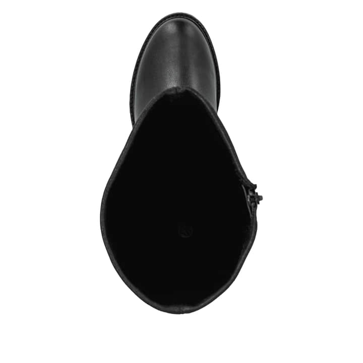 Schwarze vegane remonte Hochschaftstiefel D2W76-00 mit einem Reißverschluss. Schuh von oben.