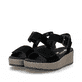 Schwarze remonte Keilsandaletten D1N54-01 mit einem Klettverschluss. Schuhpaar seitlich schräg.