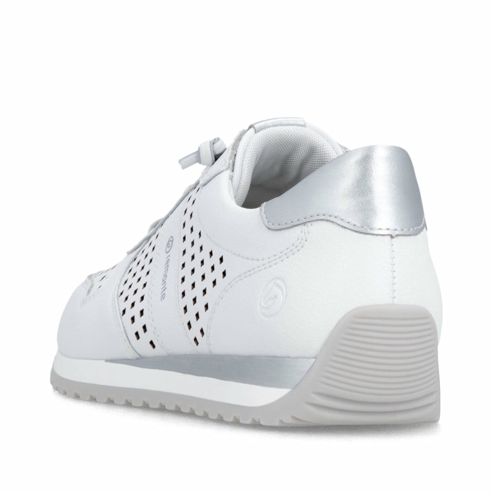 Weiße remonte Damen Sneaker Low D3H04-80 mit eleganten Zierlochungen. Schuh von hinten.