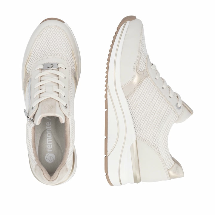Beige vegane remonte Damen Sneaker Low D0T19-60 mit einem Reißverschluss. Schuh von oben, liegend.