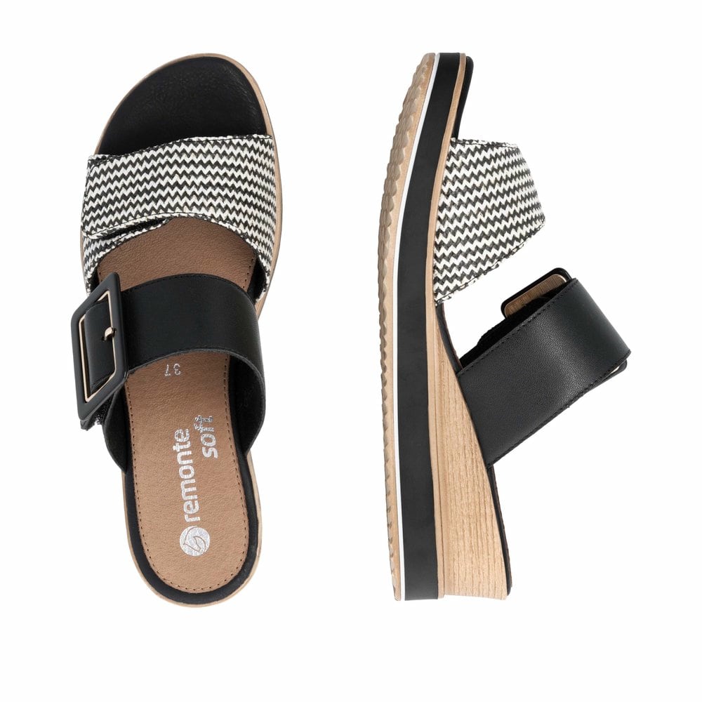 Schwarze remonte Damen Pantoletten D6463-03 mit einem Klettverschluss. Schuh von oben, liegend.