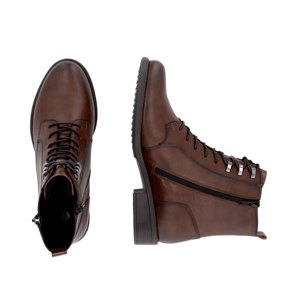 Braune remonte Damen Stiefeletten D0F82-22 mit einem Reißverschluss. Schuh von oben, liegend.