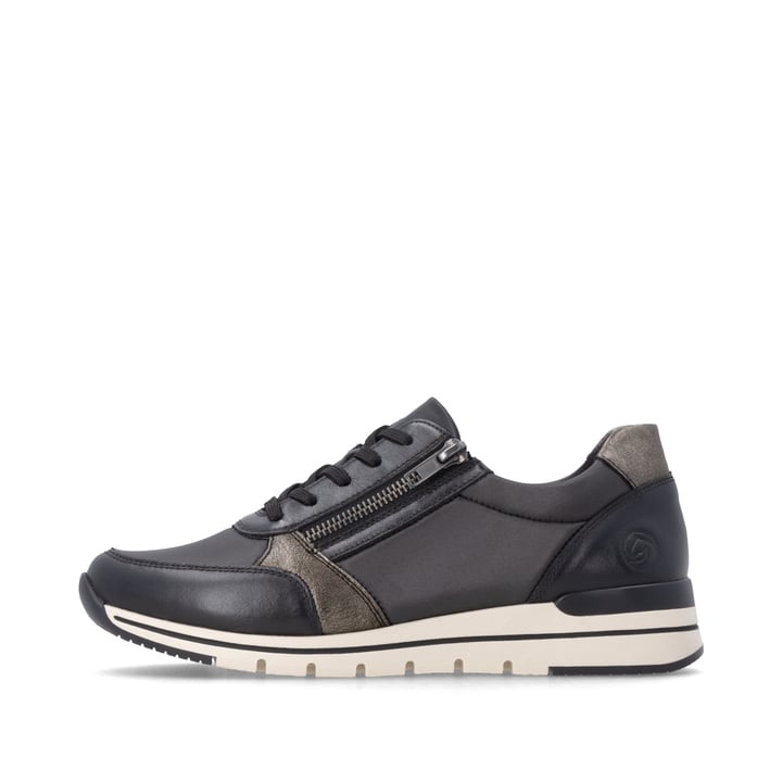 Baskets basses remonte noires pour femmes R6700-04 avec fermeture éclair. Côté extérieur de la chaussure.
