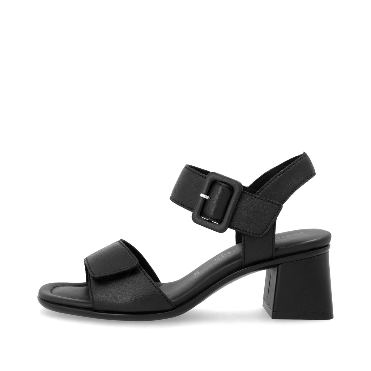 Schwarze remonte Riemchensandaletten D1K51-00 mit einem Klettverschluss. Schuh Außenseite.