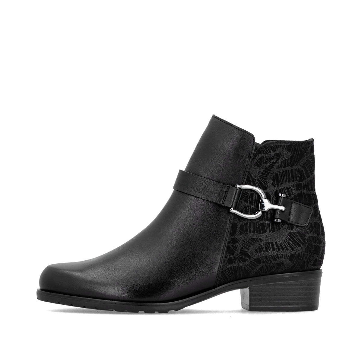 Schwarze remonte Damen Stiefeletten D6894-00 mit einem Reißverschluss. Schuh Außenseite.