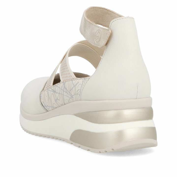 Weiße remonte Ballerinas D2411-81 mit einem Klettverschluss sowie Komfortweite G. Schuh von hinten.