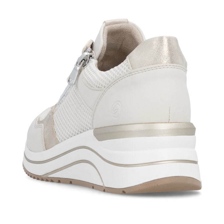 Beige vegane remonte Damen Sneaker Low D0T19-60 mit einem Reißverschluss. Schuh von hinten.