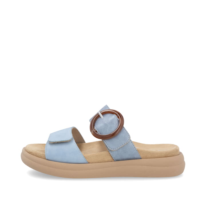 Blaue vegane remonte Damen Pantoletten D2N51-10 mit einem Klettverschluss. Schuh Außenseite.