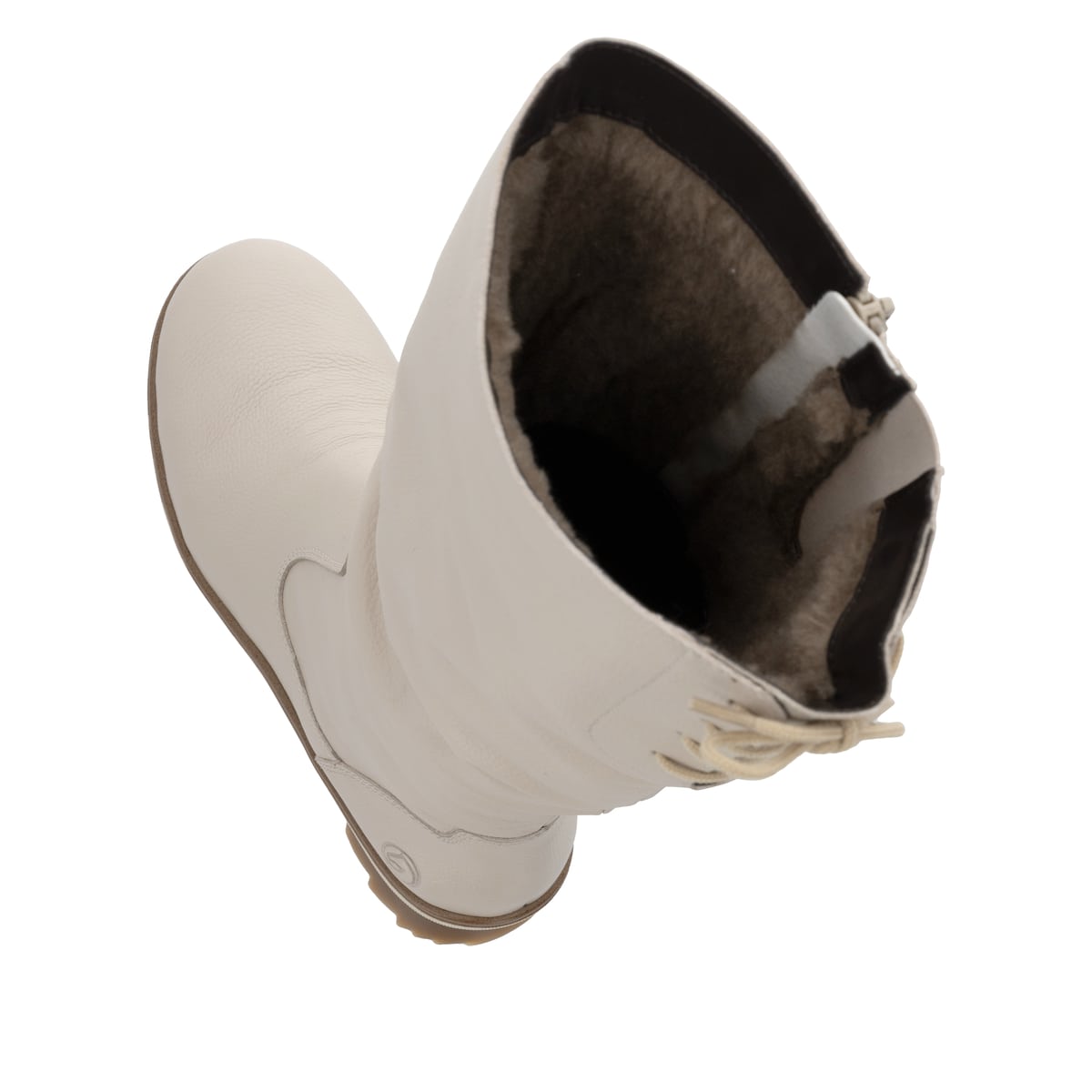Hellbeige remonte Hochschaftstiefel R8475-80 mit Schnürung auf der Rückseite. Schuh von oben, liegend.