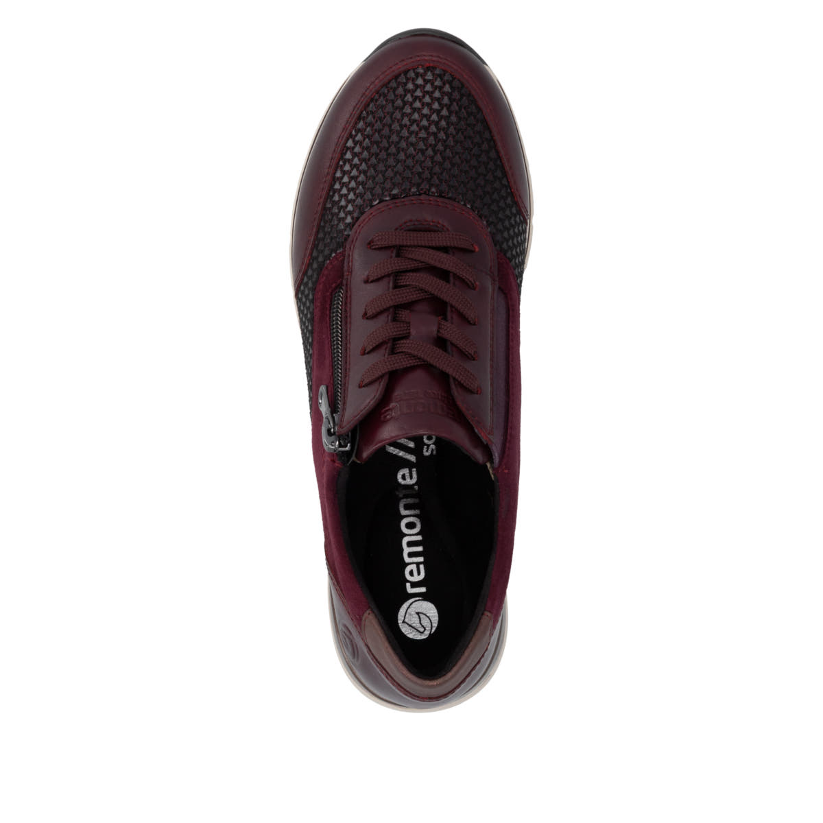 Weinrote remonte Damen Sneaker R6714-30 mit Reißverschluss sowie Komfortweite G. Schuh von oben.
