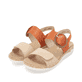 Orangene remonte Riemchensandalen R6853-39 mit einem Klettverschluss. Schuhpaar seitlich schräg.