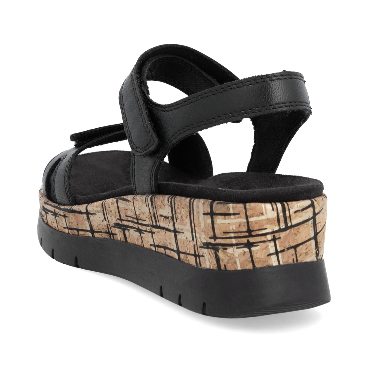 Schwarze remonte Keilsandaletten D2P52-00 mit einem Klettverschluss. Schuh von hinten.