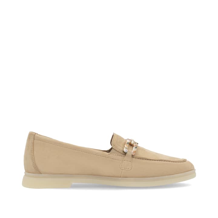 Beige remonte Damen Loafer D2F00-62 mit Gummizug sowie gepolsterter Einlegesohle. Schuh Innenseite.