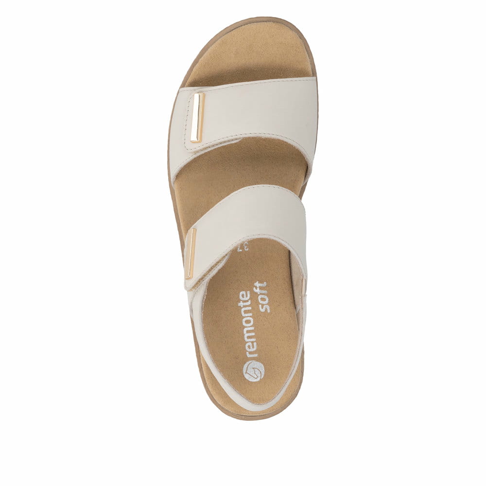 Beige remonte Keilsandaletten D0Q59-61 mit einem Klettverschluss. Schuh von oben.