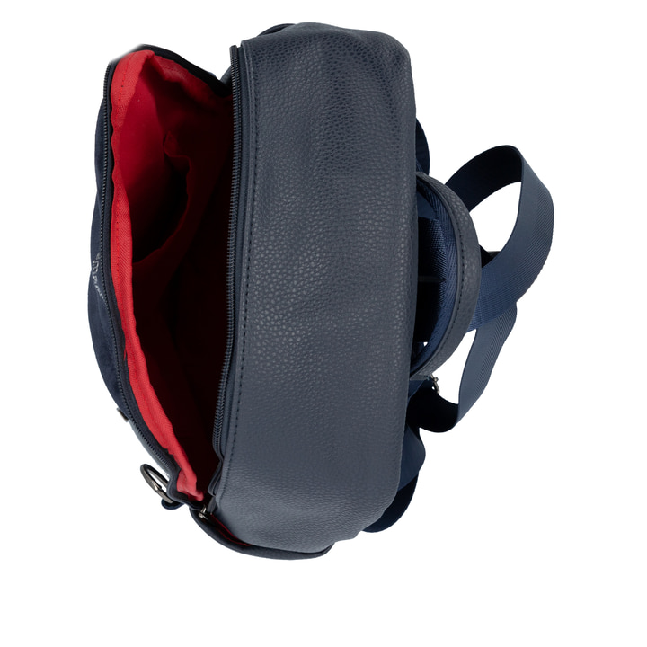 Sac à dos remonte Q0533-14 en bleu avec une poignée pour l'attacher à la poignée de valise et un sac banane amovible. Ouvert.