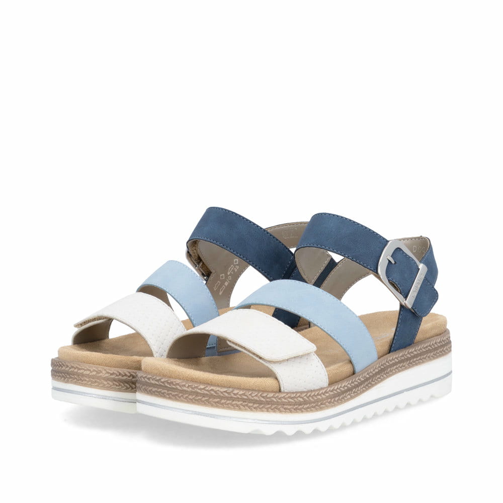 Sandales à lanières remonte bleues vegan pour femme D0Q55-14. Chaussures inclinées sur le côté.