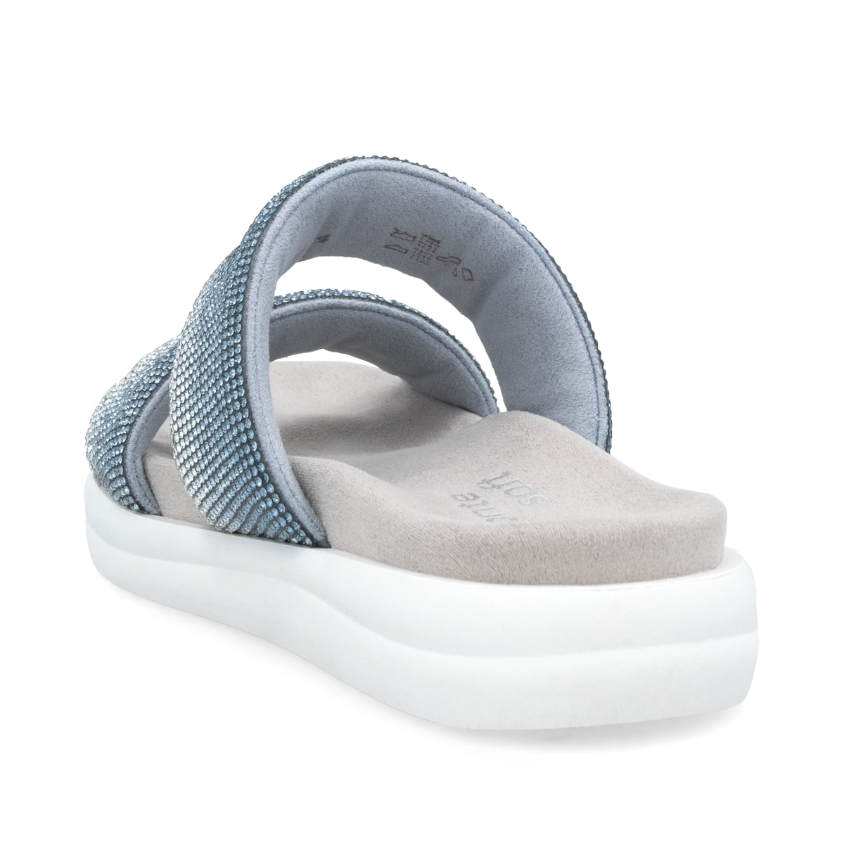 Blaue vegane remonte Damen Pantoletten D2N50-14 mit einem weichen Fußbett. Schuh von hinten.