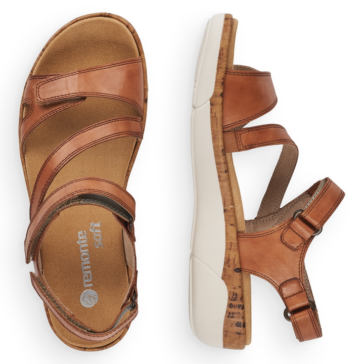Karamellbraune remonte Damen Riemchensandalen R6850-22 mit einer Profilsohle. Schuhpaar von oben.