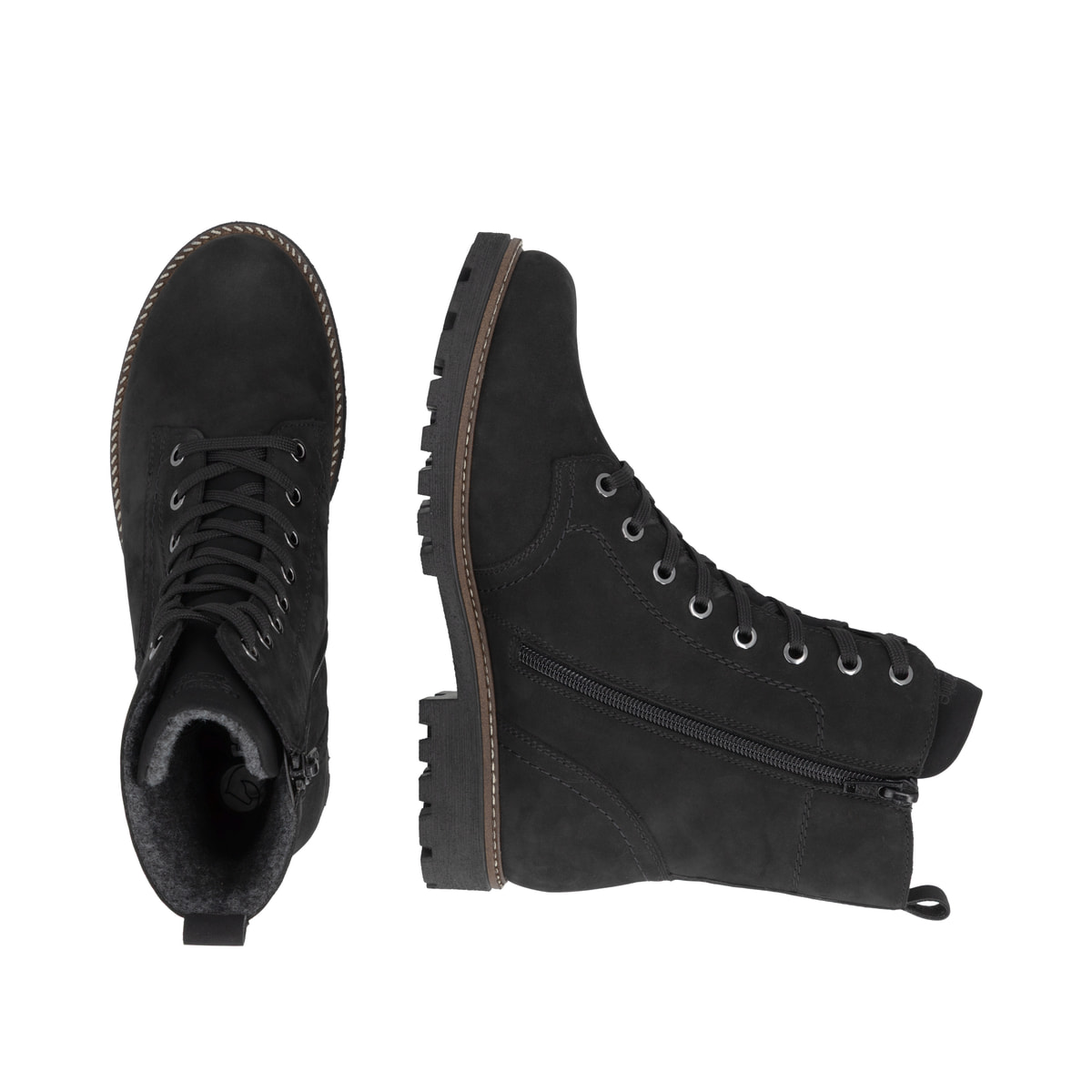 Schwarze remonte Damen Schnürstiefel D8489-02 mit wasserabweisender TEX-Membran. Schuh von oben, liegend.