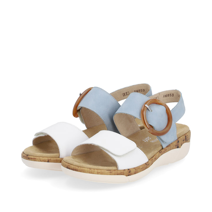 Blaue remonte Damen Riemchensandalen R6853-10 mit Klettverschluss. Schuhpaar seitlich schräg.