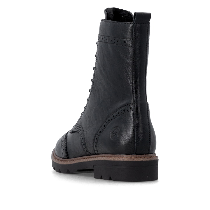 Schwarze remonte Damen Schnürstiefel D2Q73-00 mit einem Reißverschluss. Schuh von hinten.