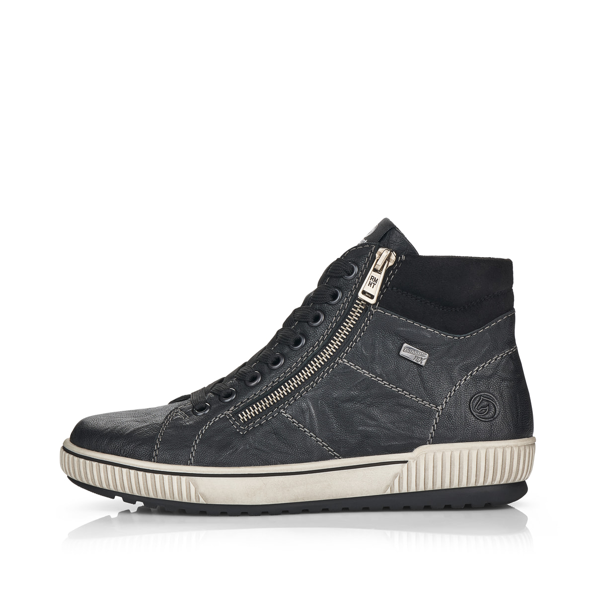 Schwarze remonte Damen Schnürstiefel D0772-01 mit wasserabweisender TEX-Membran. Schuh Außenseite.